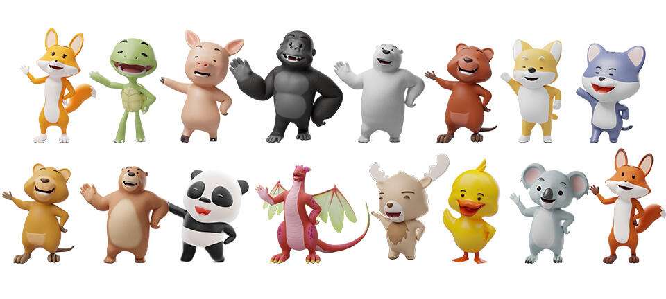 Various 3D cartoon animals like: 3D bear, 3D grizly, 3D fox, 3D turtle, 3D gorilla, 3D koala, 3D dog, 3D cat, 3D pig, 3D duck, 3D dragon, 3D quokka, 3D deer, 3D panda